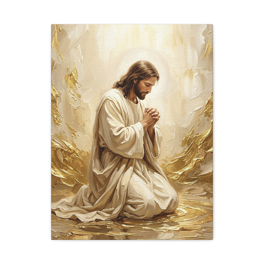In His Presence — Jesus Kneeling in Prayer | Gold & White Oil Print Matte Canvas, Stretched