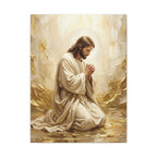 In His Presence — Jesus Kneeling in Prayer | Gold & White Oil Print Matte Canvas, Stretched