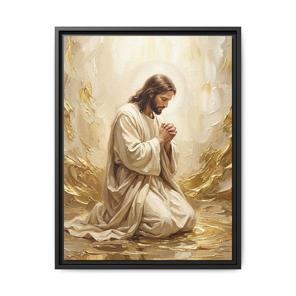 In His Presence — Jesus Kneeling in Prayer | Gold & White Oil Print Matte Framed Canvas