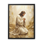 In His Presence — Jesus Kneeling in Prayer | Gold & White Oil Print Matte Framed Canvas