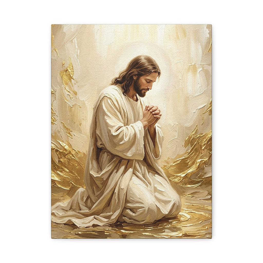 In His Presence — Jesus Kneeling in Prayer | Gold & White Oil Print Matte Canvas, Stretched
