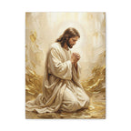 In His Presence — Jesus Kneeling in Prayer | Gold & White Oil Print Matte Canvas, Stretched