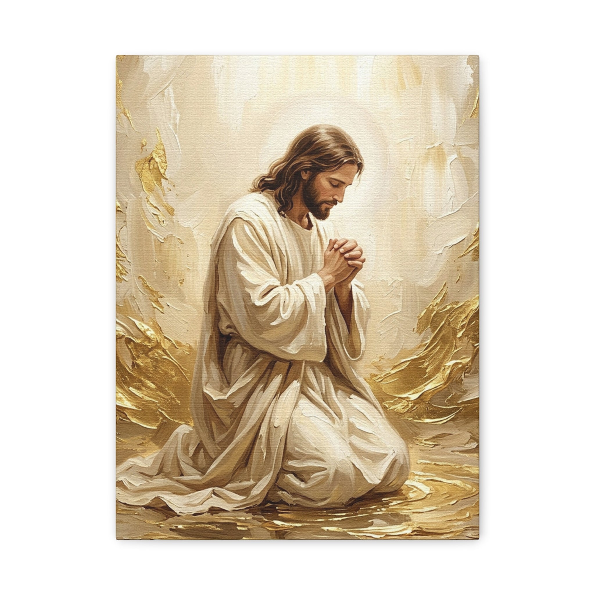 In His Presence — Jesus Kneeling in Prayer | Gold & White Oil Print Matte Canvas, Stretched