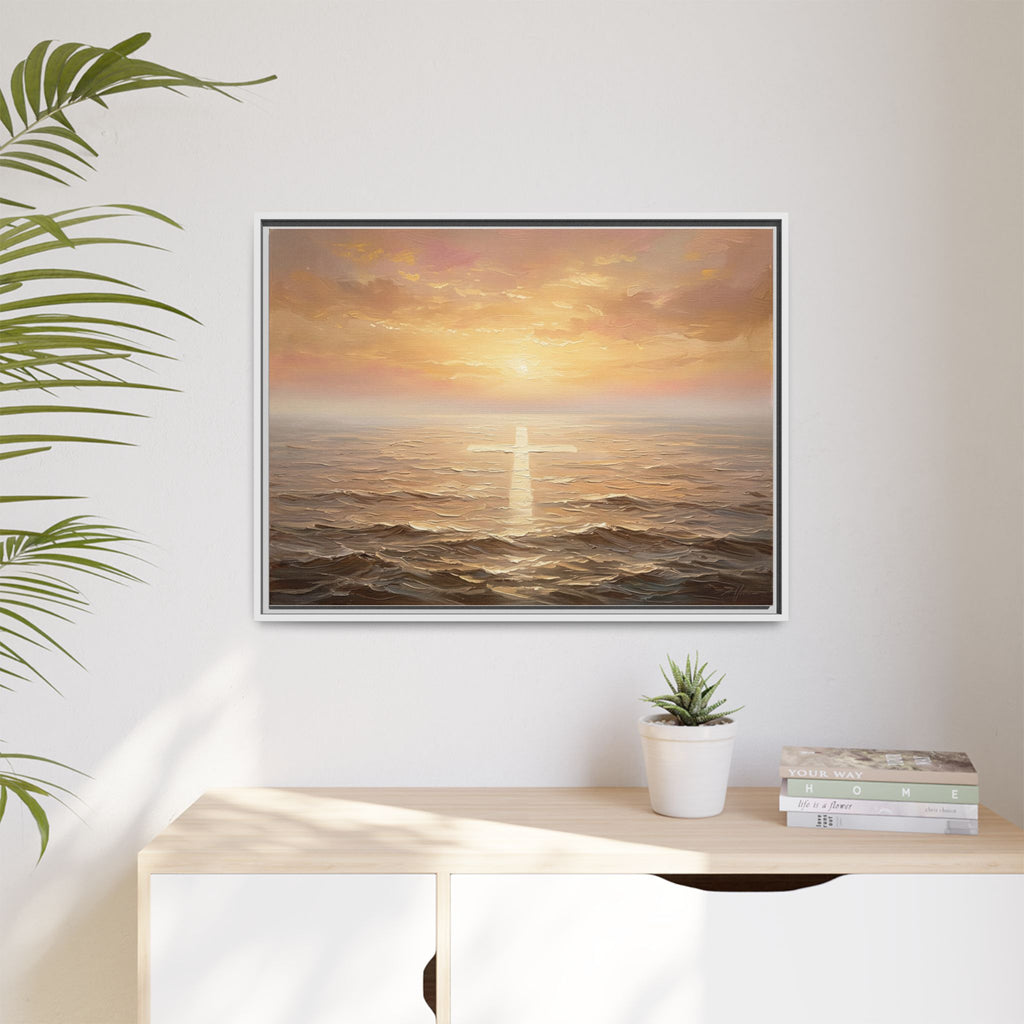 "Divine Light Upon the Waters - The Cross Reflected" | Matthew 14:25-27 Matte Framed Canvas