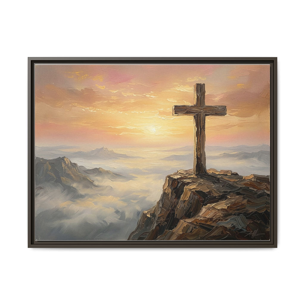 "The Cross at Dawn - Victory Over the Valley" | Romans 6:9-10 Matte Framed Canvas