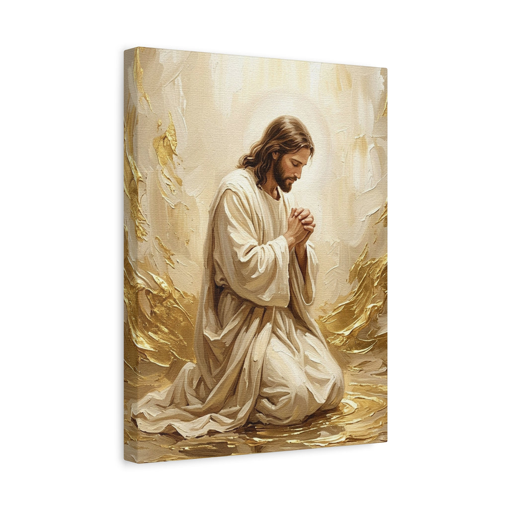 In His Presence — Jesus Kneeling in Prayer | Gold & White Oil Print Matte Canvas, Stretched