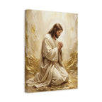 In His Presence — Jesus Kneeling in Prayer | Gold & White Oil Print Matte Canvas, Stretched