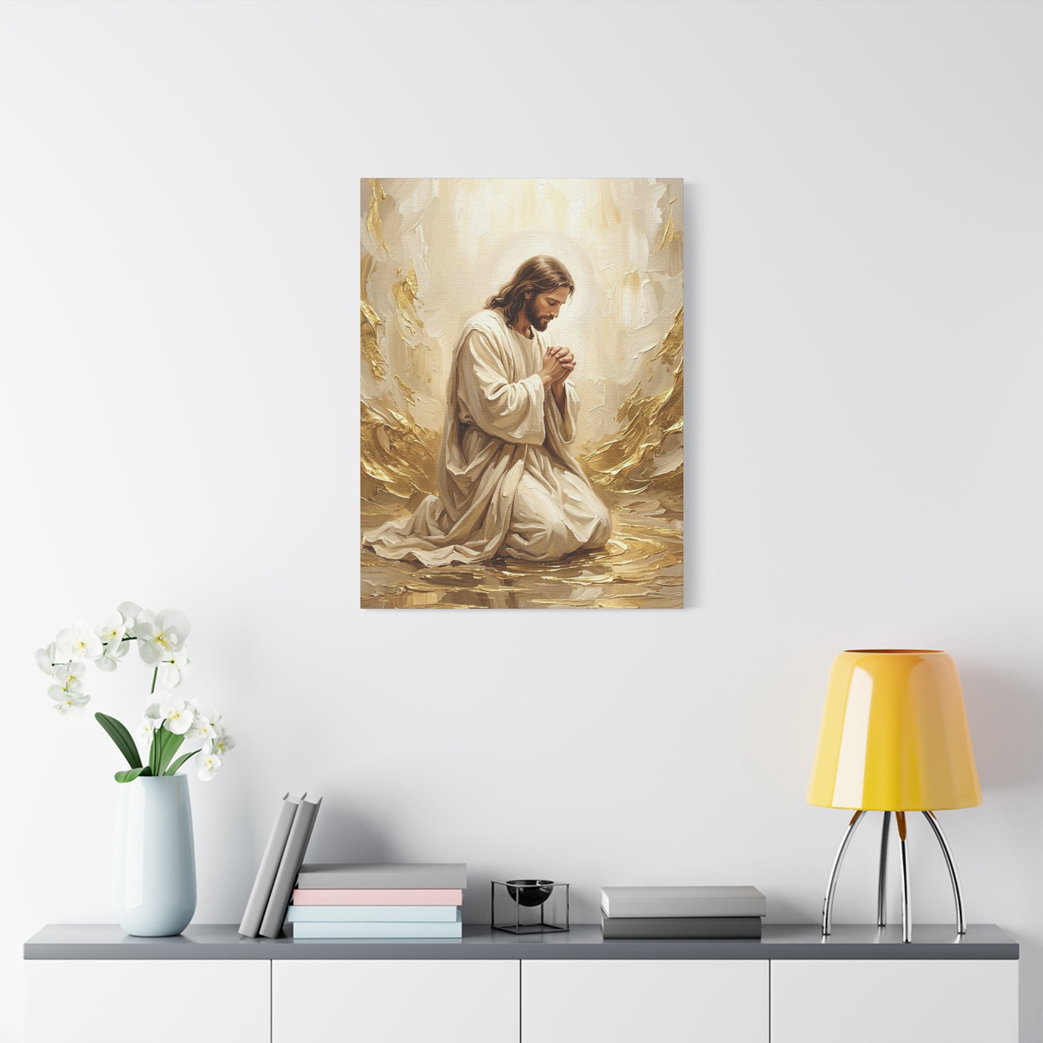 In His Presence — Jesus Kneeling in Prayer | Gold & White Oil Print Matte Canvas, Stretched