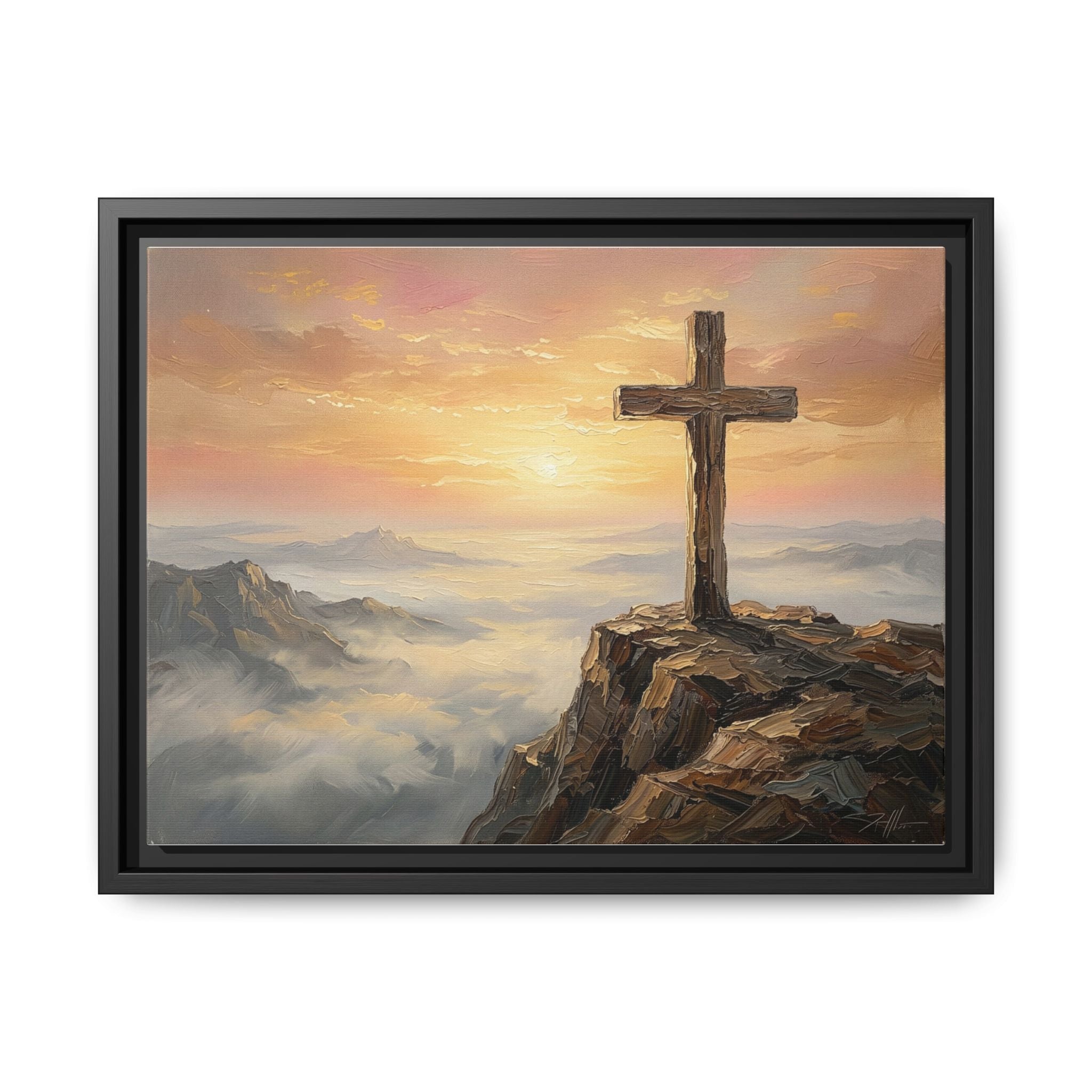 "The Cross at Dawn - Victory Over the Valley" | Romans 6:9-10 Matte Framed Canvas