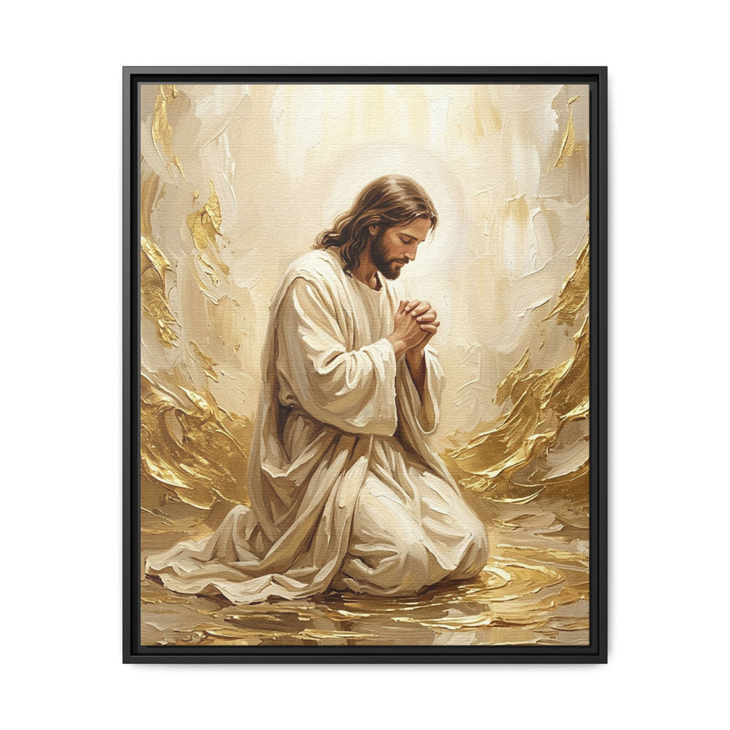 In His Presence — Jesus Kneeling in Prayer | Gold & White Oil Print Matte Framed Canvas