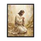 In His Presence — Jesus Kneeling in Prayer | Gold & White Oil Print Matte Framed Canvas