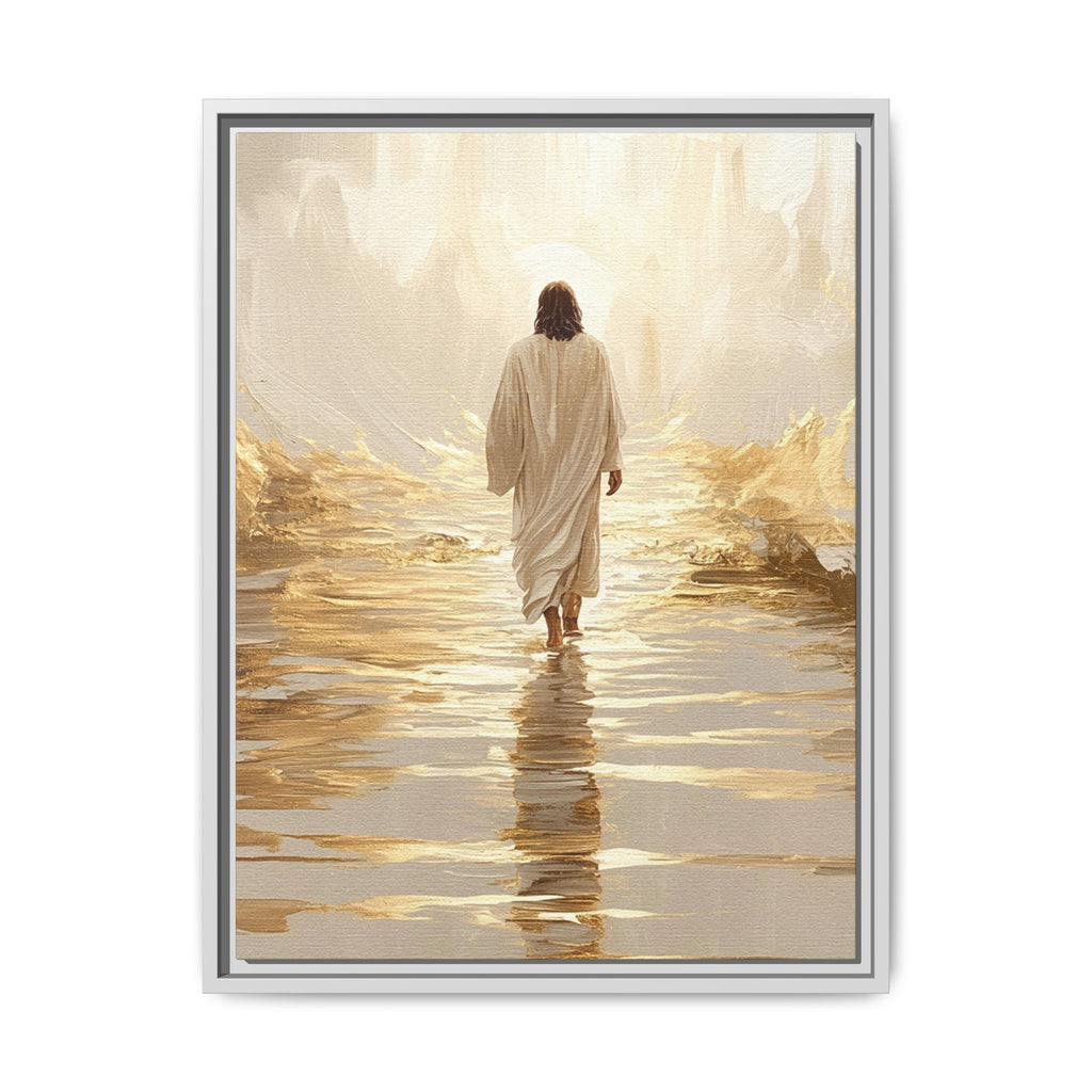 Walking Into the Light — Jesus on the Water  Gold & White Oil Print Matte Framed Canvas