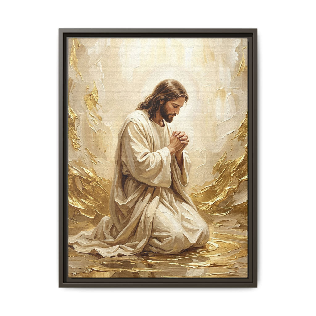 In His Presence — Jesus Kneeling in Prayer | Gold & White Oil Print Matte Framed Canvas