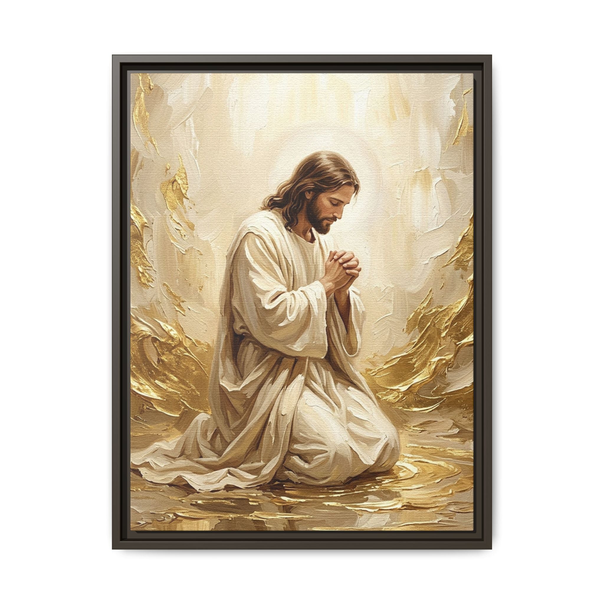 In His Presence — Jesus Kneeling in Prayer | Gold & White Oil Print Matte Framed Canvas