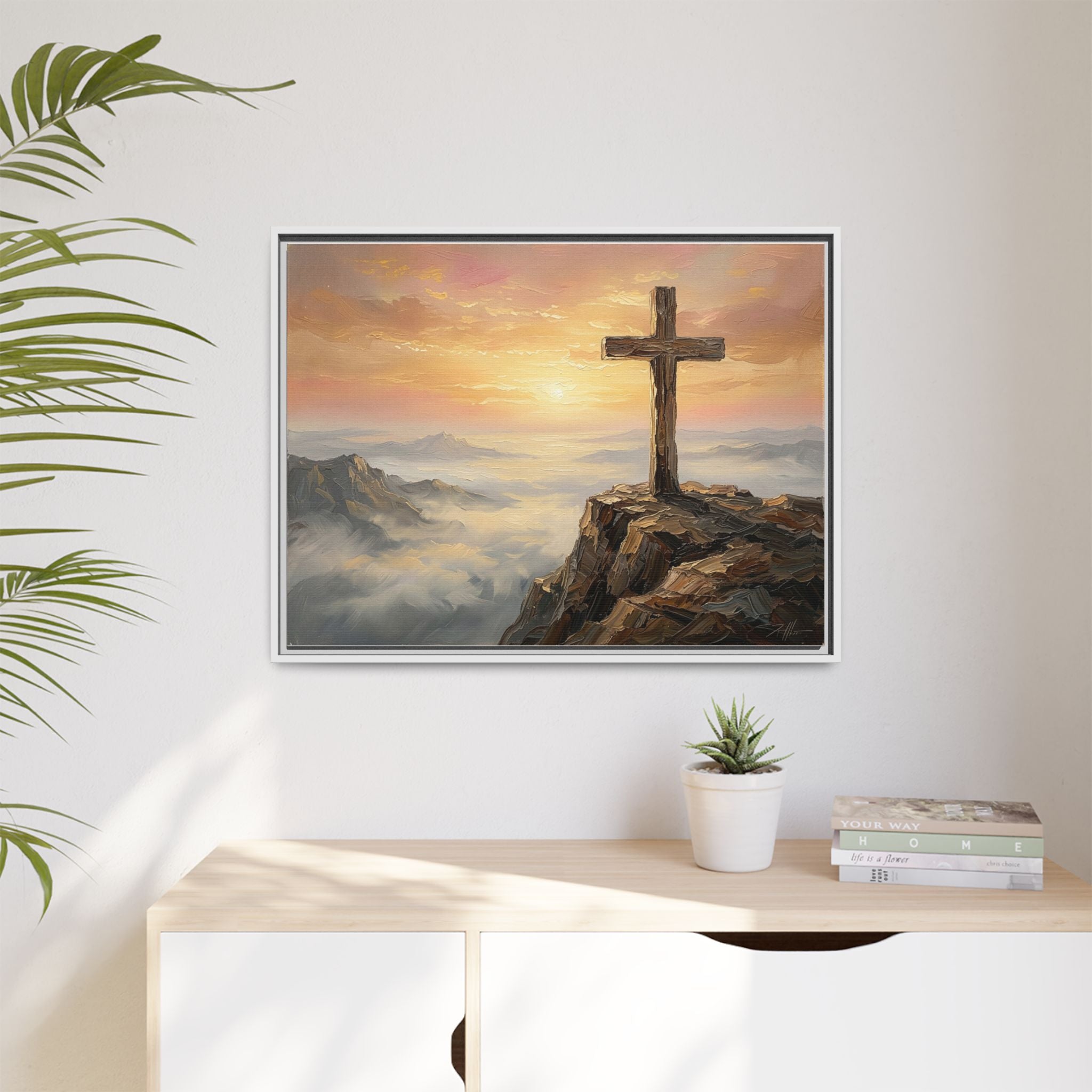 "The Cross at Dawn - Victory Over the Valley" | Romans 6:9-10 Matte Framed Canvas