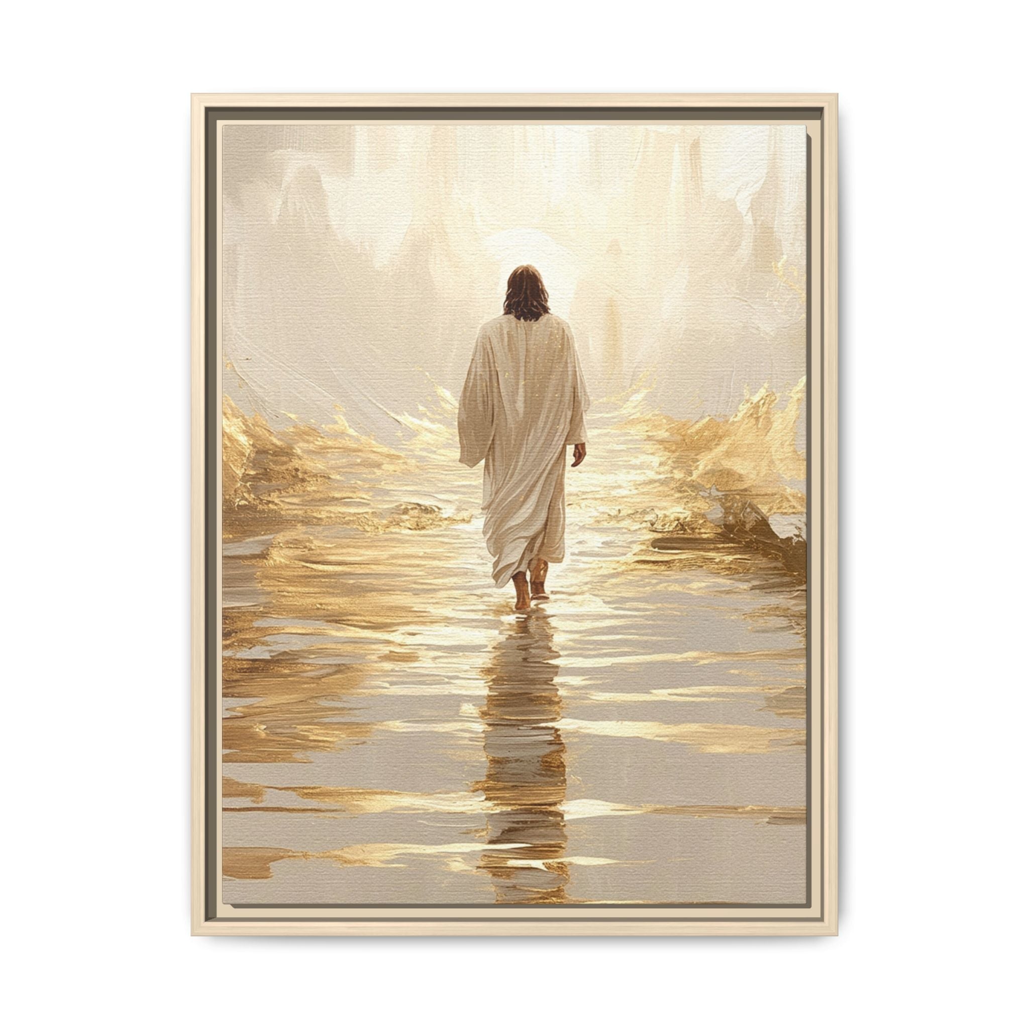 Walking Into the Light — Jesus on the Water  Gold & White Oil Print Matte Framed Canvas