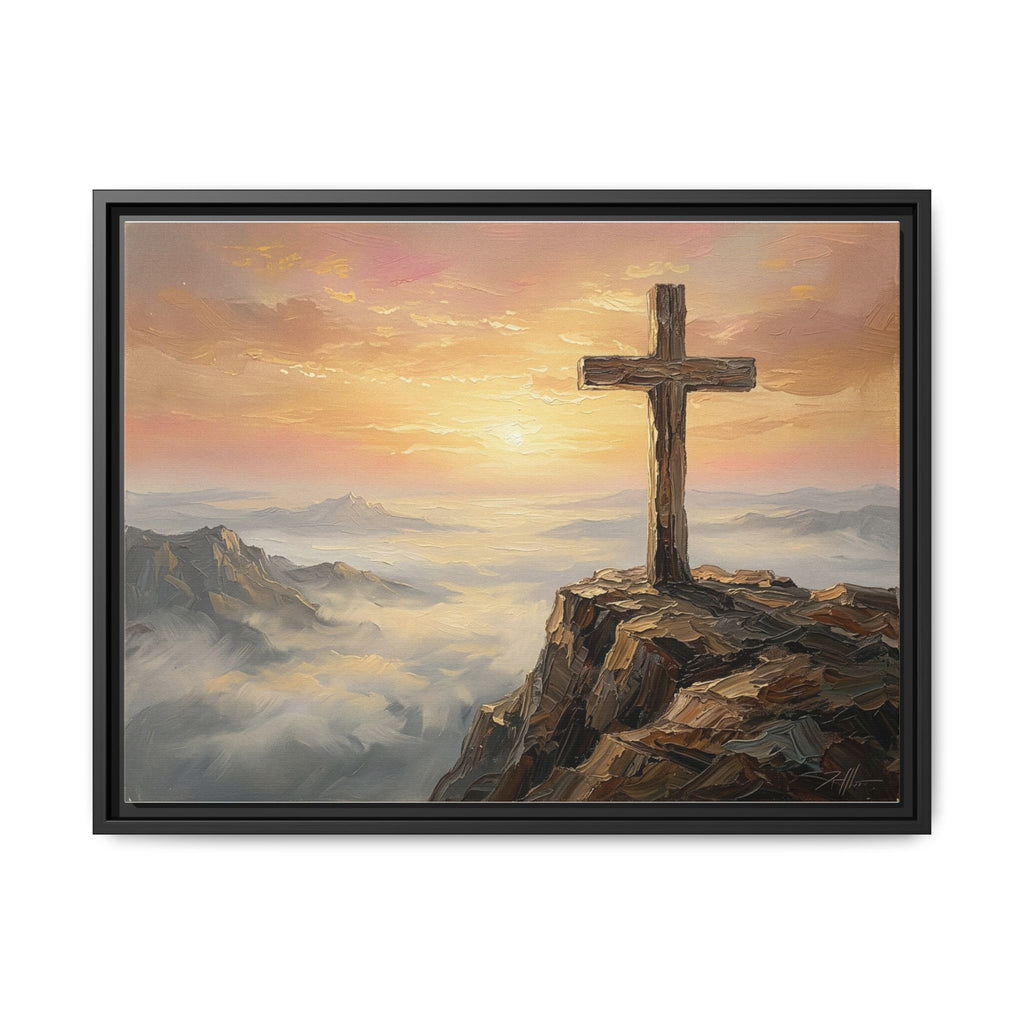 "The Cross at Dawn - Victory Over the Valley" | Romans 6:9-10 Matte Framed Canvas
