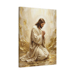 In His Presence — Jesus Kneeling in Prayer | Gold & White Oil Print Matte Canvas, Stretched