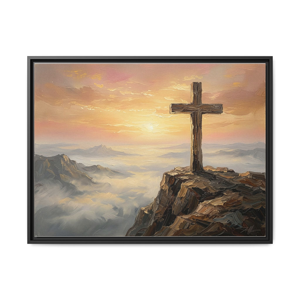 "The Cross at Dawn - Victory Over the Valley" | Romans 6:9-10 Matte Framed Canvas