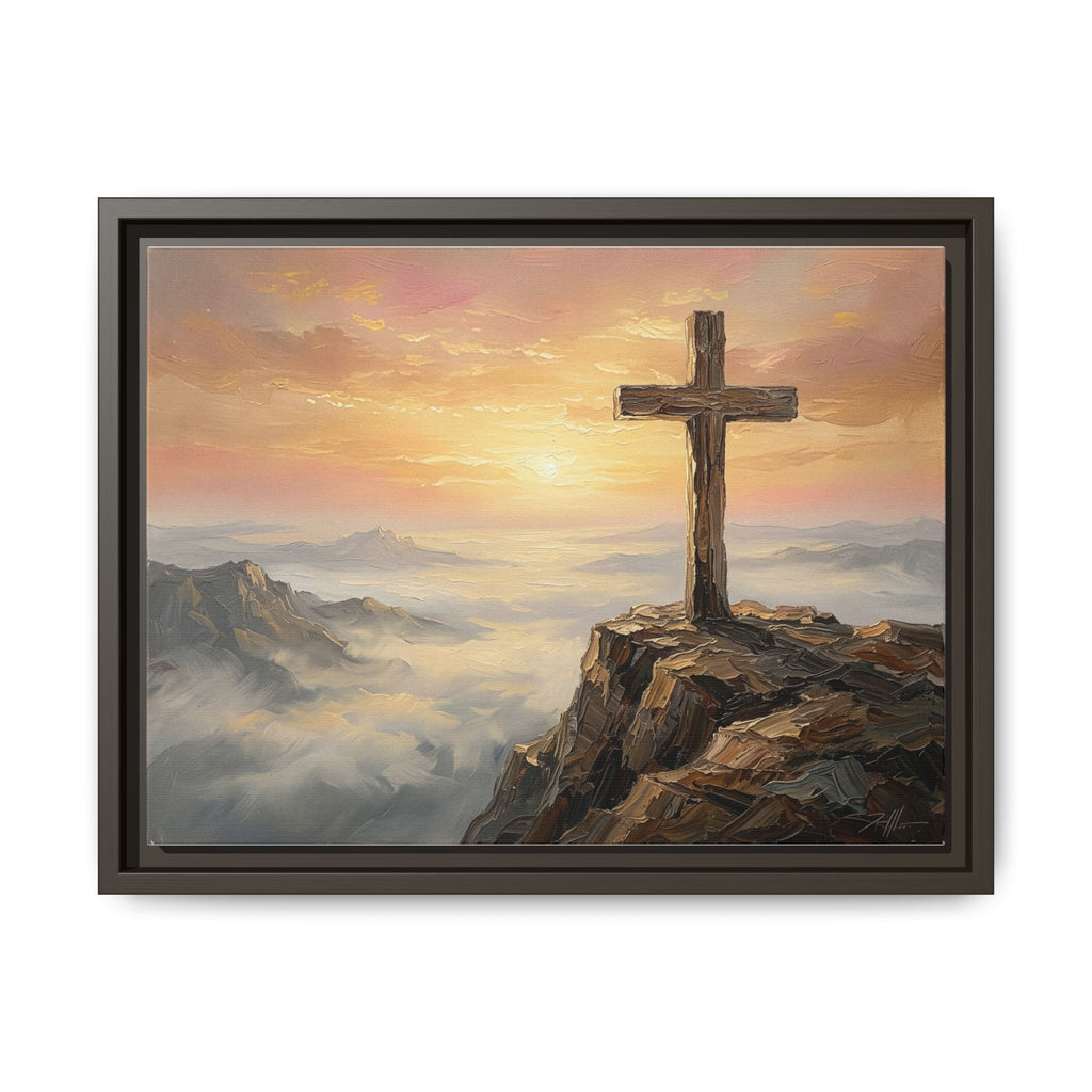 "The Cross at Dawn - Victory Over the Valley" | Romans 6:9-10 Matte Framed Canvas