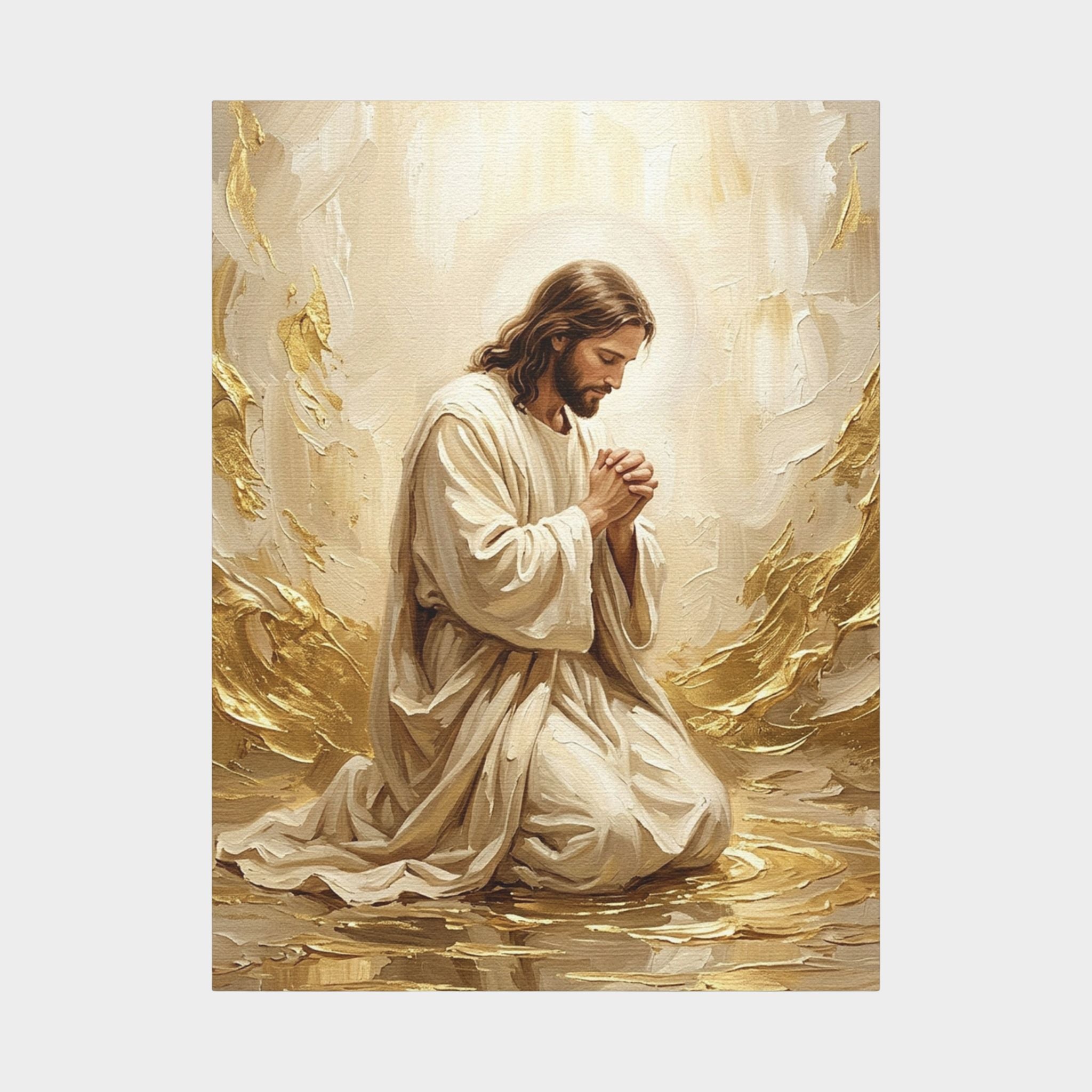 In His Presence — Jesus Kneeling in Prayer | Gold & White Oil Print Matte Canvas, Stretched