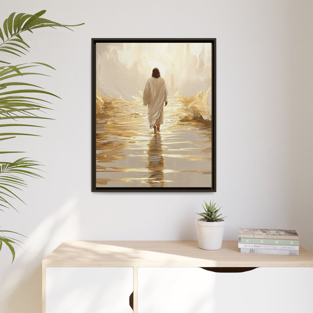 Walking Into the Light — Jesus on the Water  Gold & White Oil Print Matte Framed Canvas