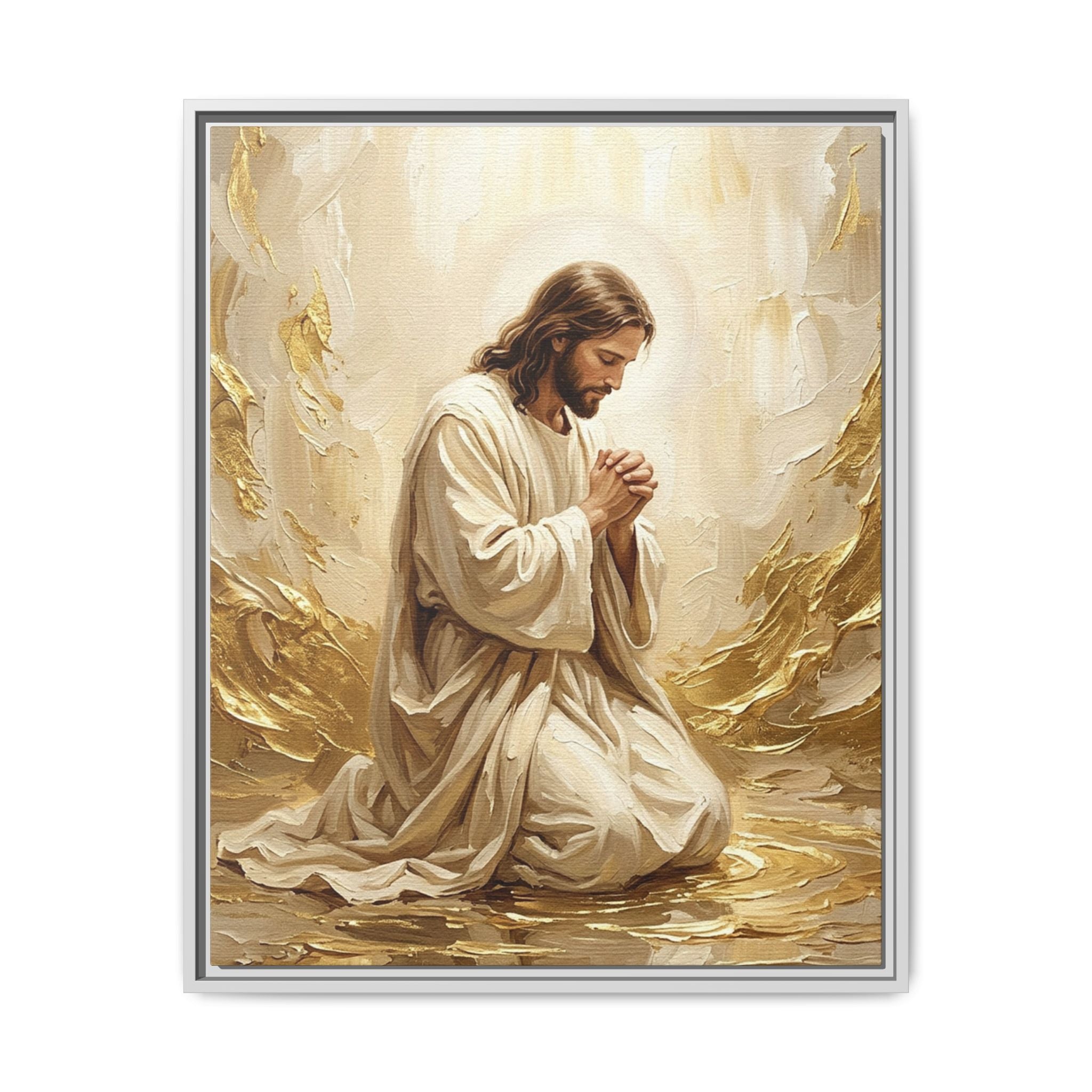 In His Presence — Jesus Kneeling in Prayer | Gold & White Oil Print Matte Framed Canvas