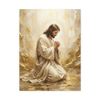 In His Presence — Jesus Kneeling in Prayer | Gold & White Oil Print Matte Canvas, Stretched