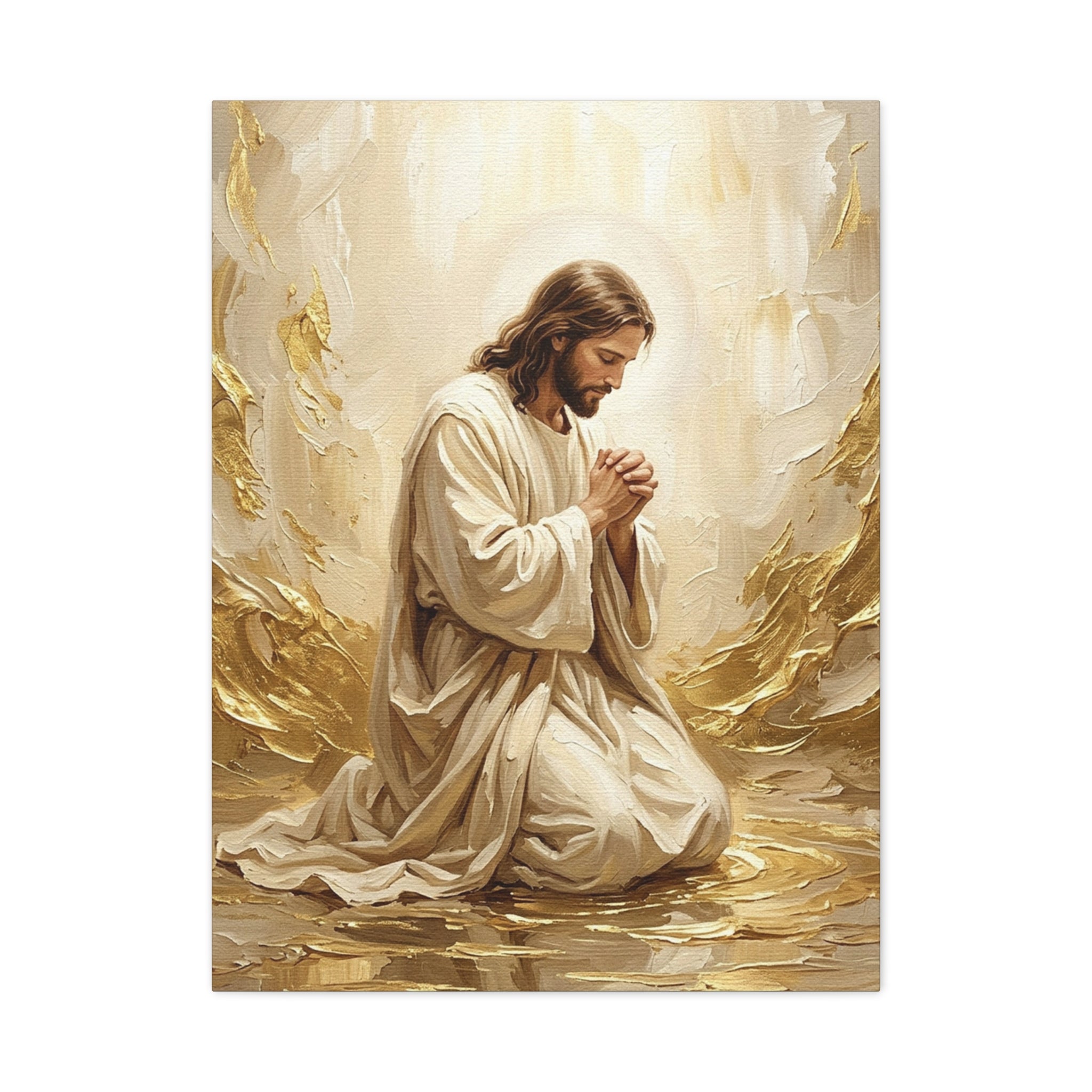In His Presence — Jesus Kneeling in Prayer | Gold & White Oil Print Matte Canvas, Stretched