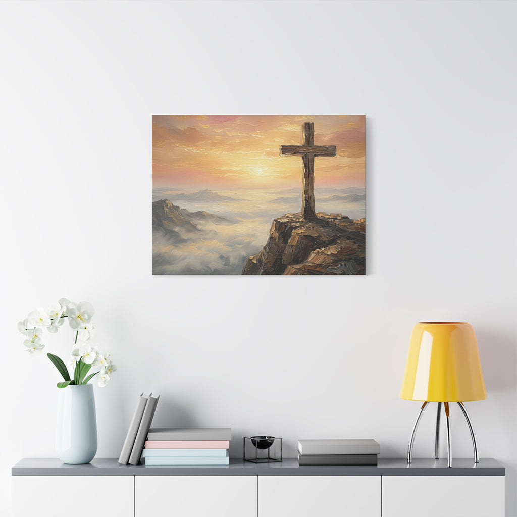 "The Cross at Dawn - Victory Over the Valley" | Romans 6:9-10 Matte Canvas, Stretched