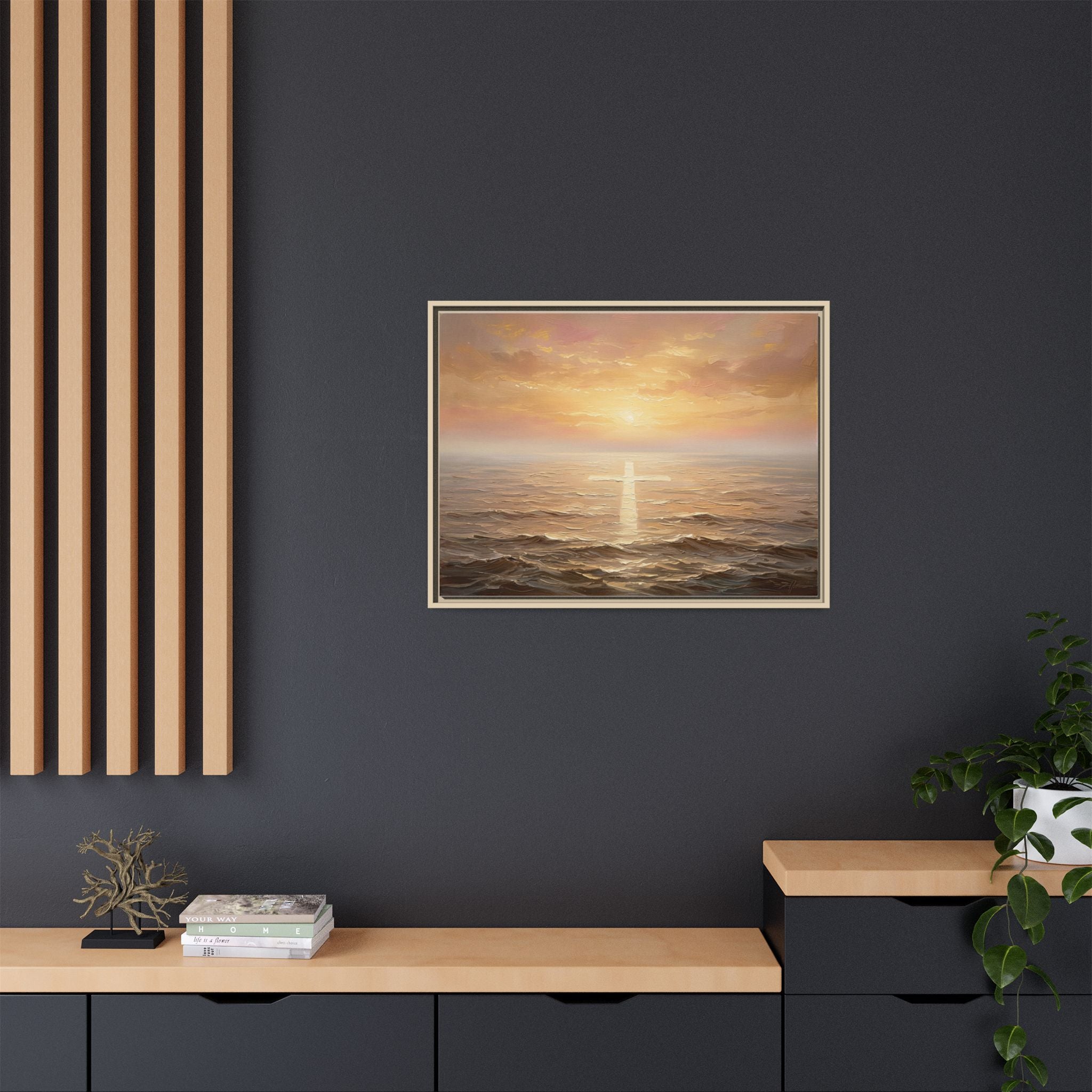 "Divine Light Upon the Waters - The Cross Reflected" | Matthew 14:25-27 Matte Framed Canvas