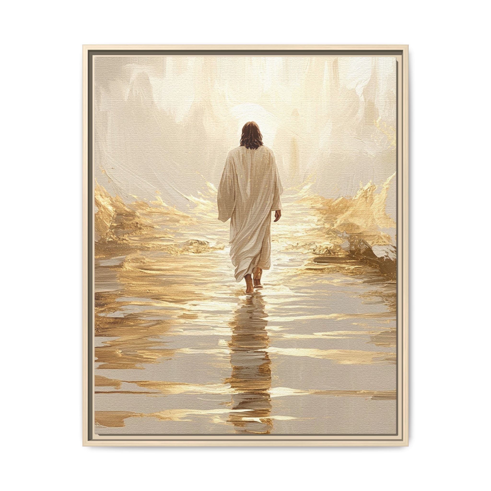 Walking Into the Light — Jesus on the Water  Gold & White Oil Print Matte Framed Canvas