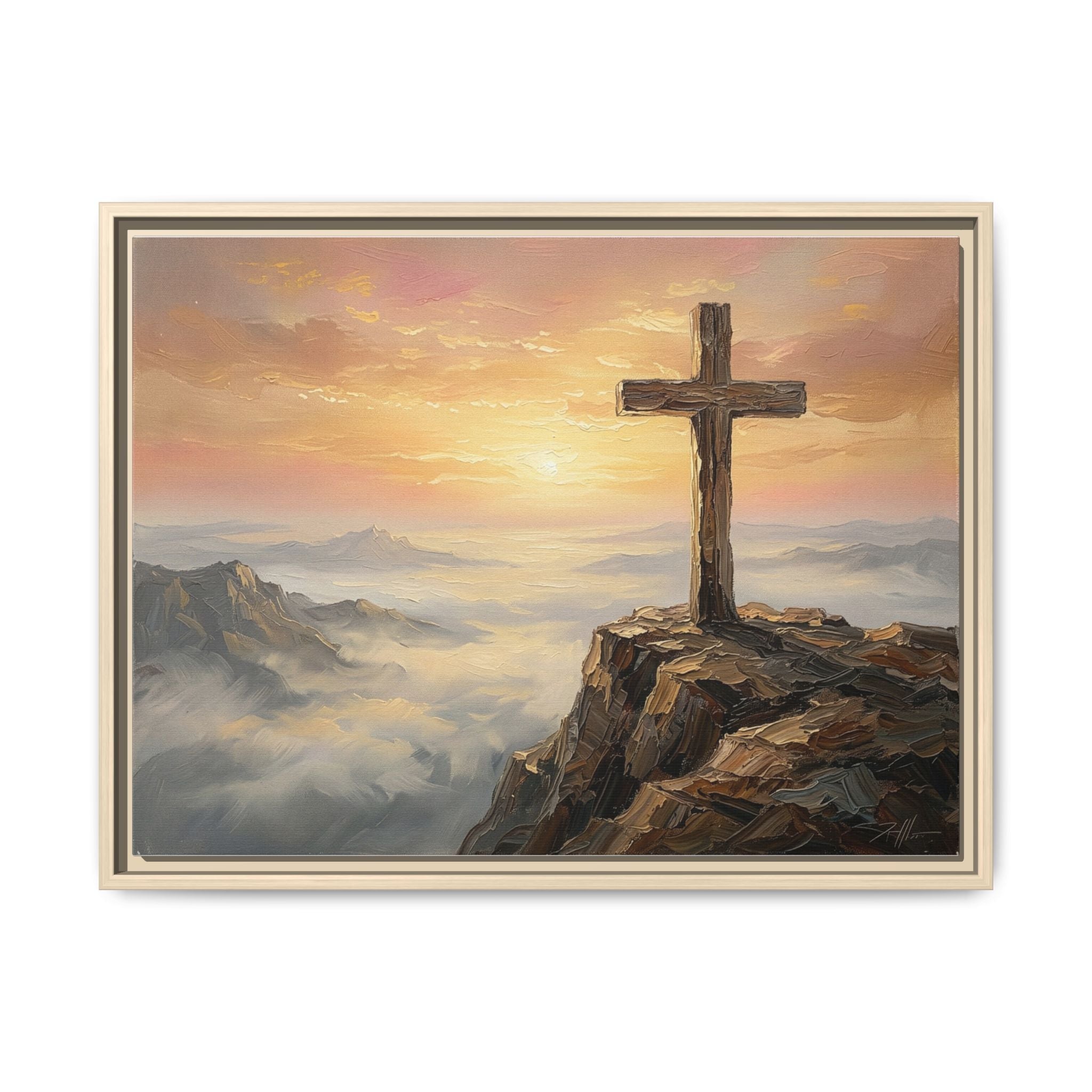 "The Cross at Dawn - Victory Over the Valley" | Romans 6:9-10 Matte Framed Canvas