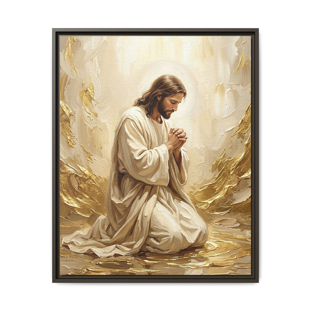 In His Presence — Jesus Kneeling in Prayer | Gold & White Oil Print Matte Framed Canvas