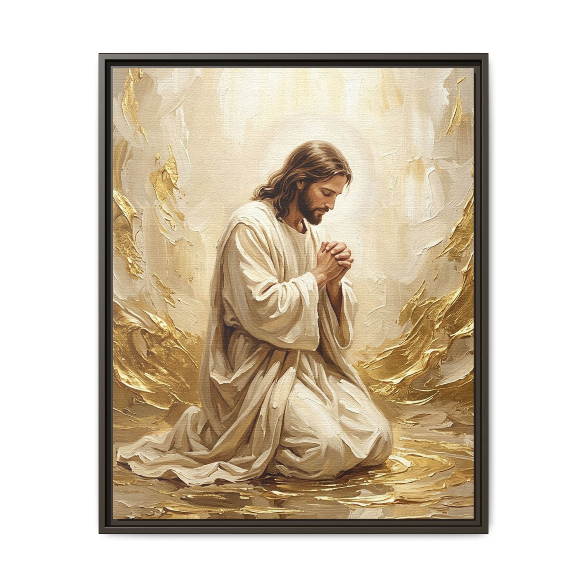 In His Presence — Jesus Kneeling in Prayer | Gold & White Oil Print Matte Framed Canvas