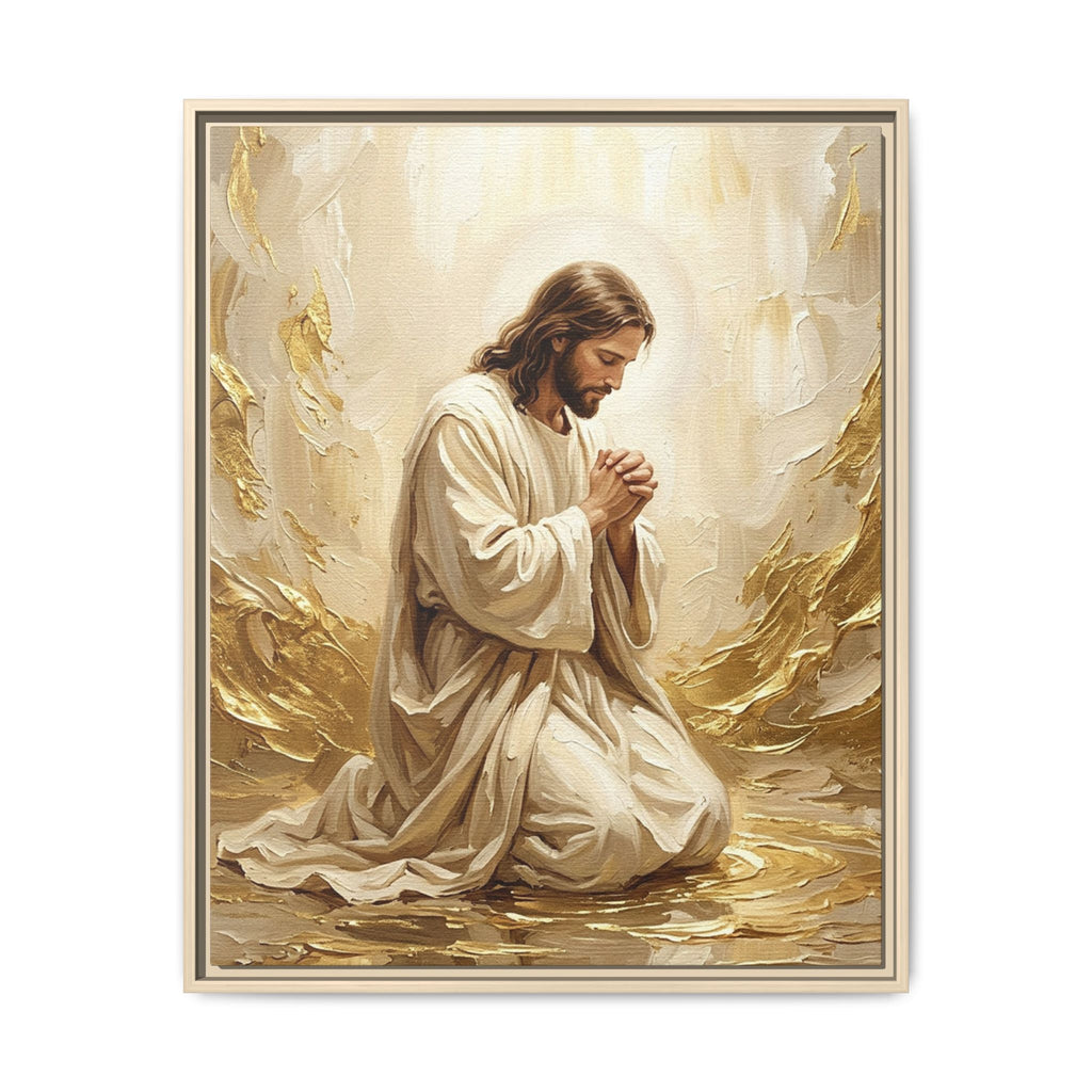 In His Presence — Jesus Kneeling in Prayer | Gold & White Oil Print Matte Framed Canvas