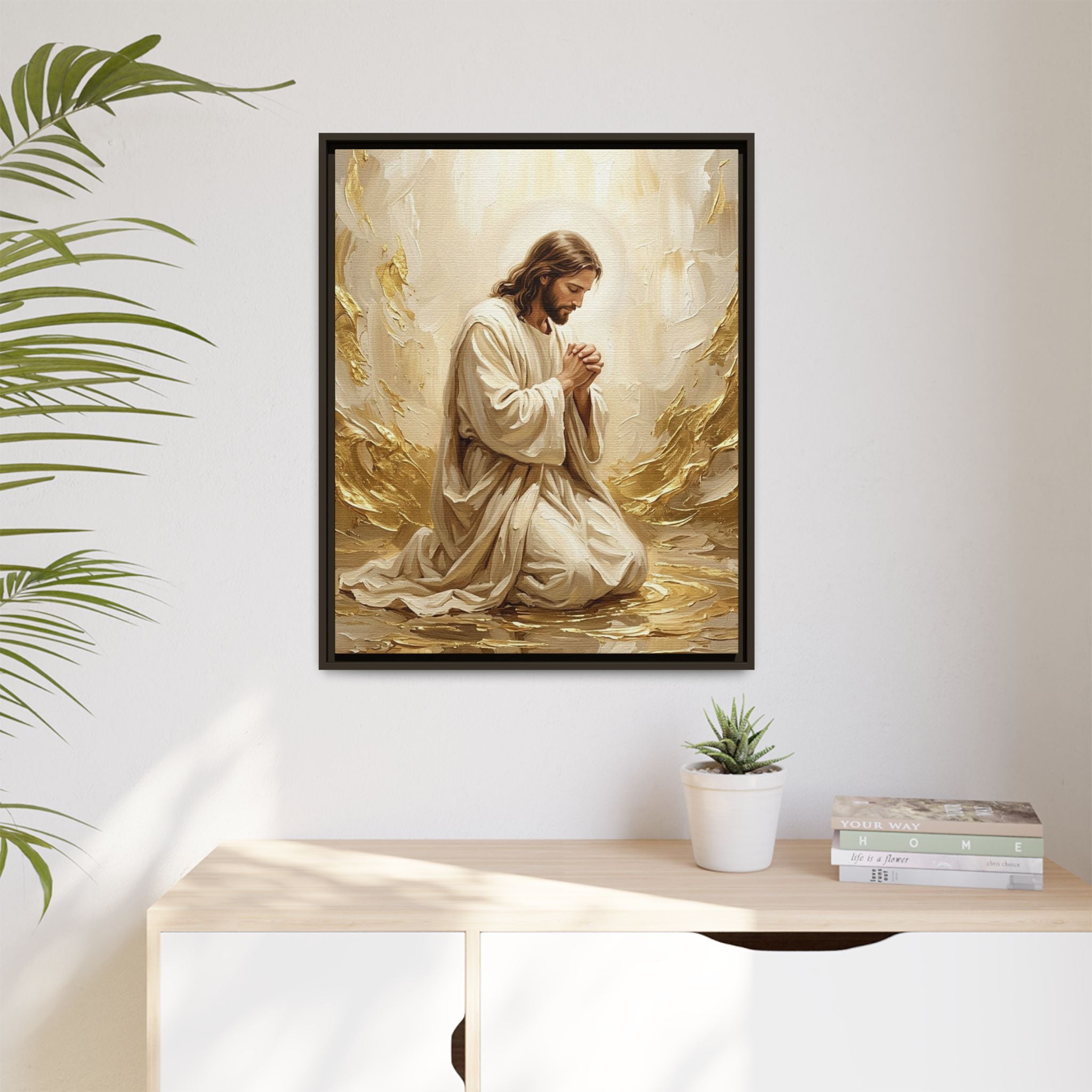 In His Presence — Jesus Kneeling in Prayer | Gold & White Oil Print Matte Framed Canvas