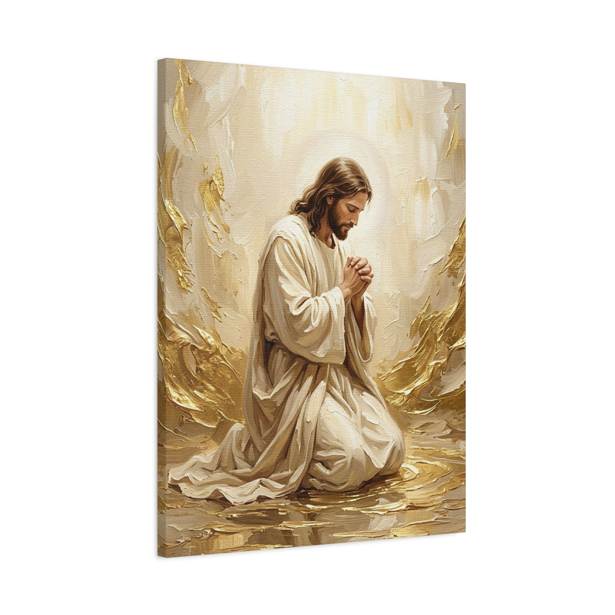 In His Presence — Jesus Kneeling in Prayer | Gold & White Oil Print Matte Canvas, Stretched