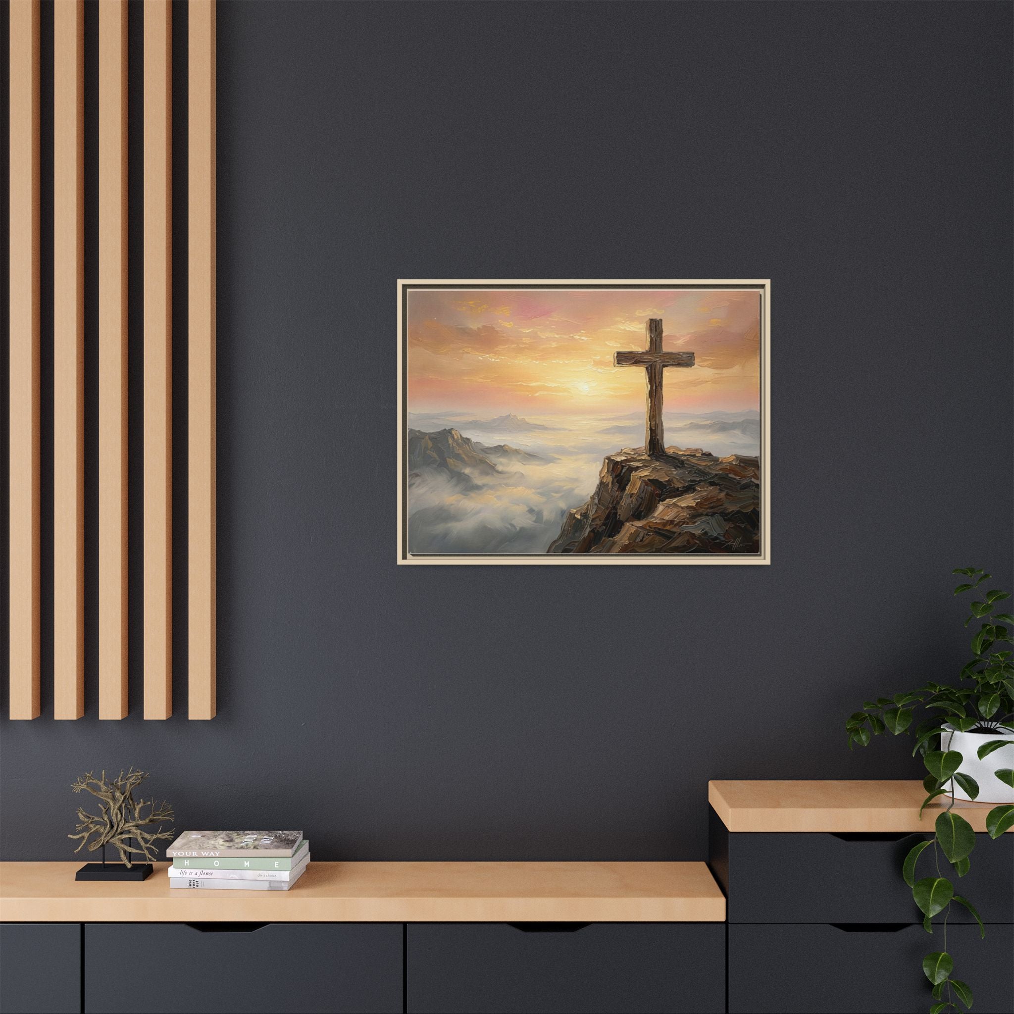 "The Cross at Dawn - Victory Over the Valley" | Romans 6:9-10 Matte Framed Canvas