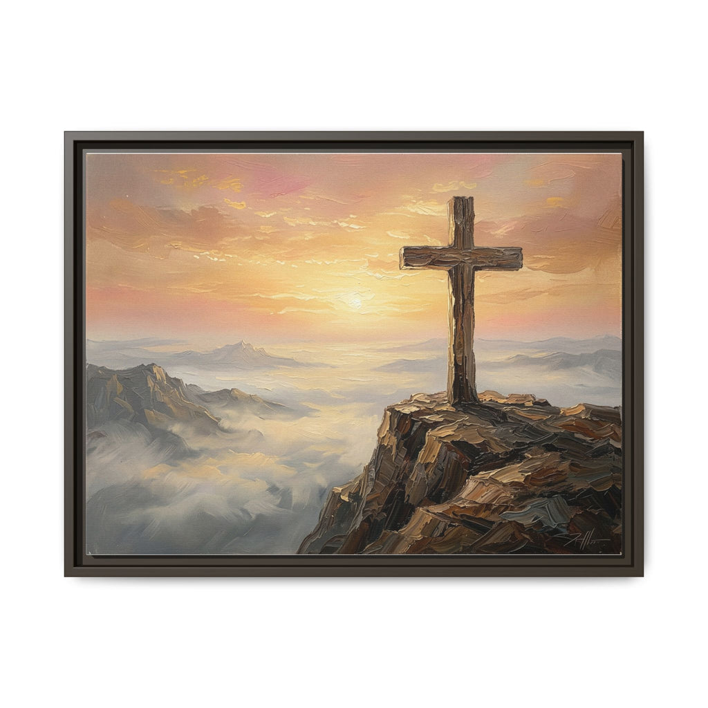 "The Cross at Dawn - Victory Over the Valley" | Romans 6:9-10 Matte Framed Canvas