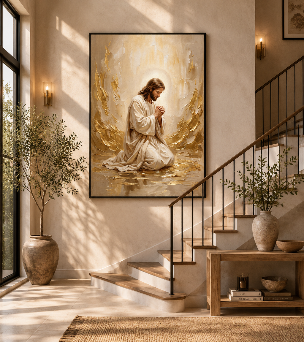 In His Presence — Jesus Kneeling in Prayer | Gold & White Oil Print Matte Framed Canvas