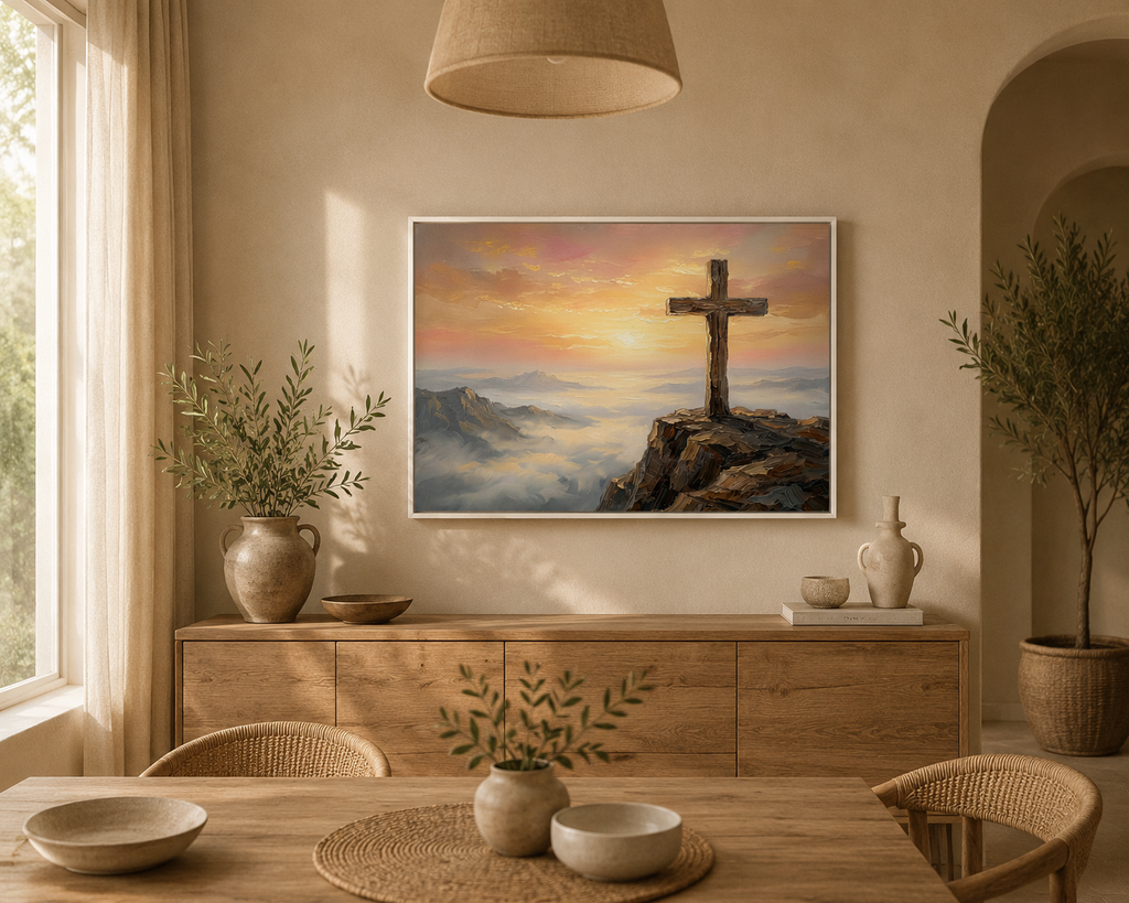 "The Cross at Dawn - Victory Over the Valley" | Romans 6:9-10 Matte Framed Canvas