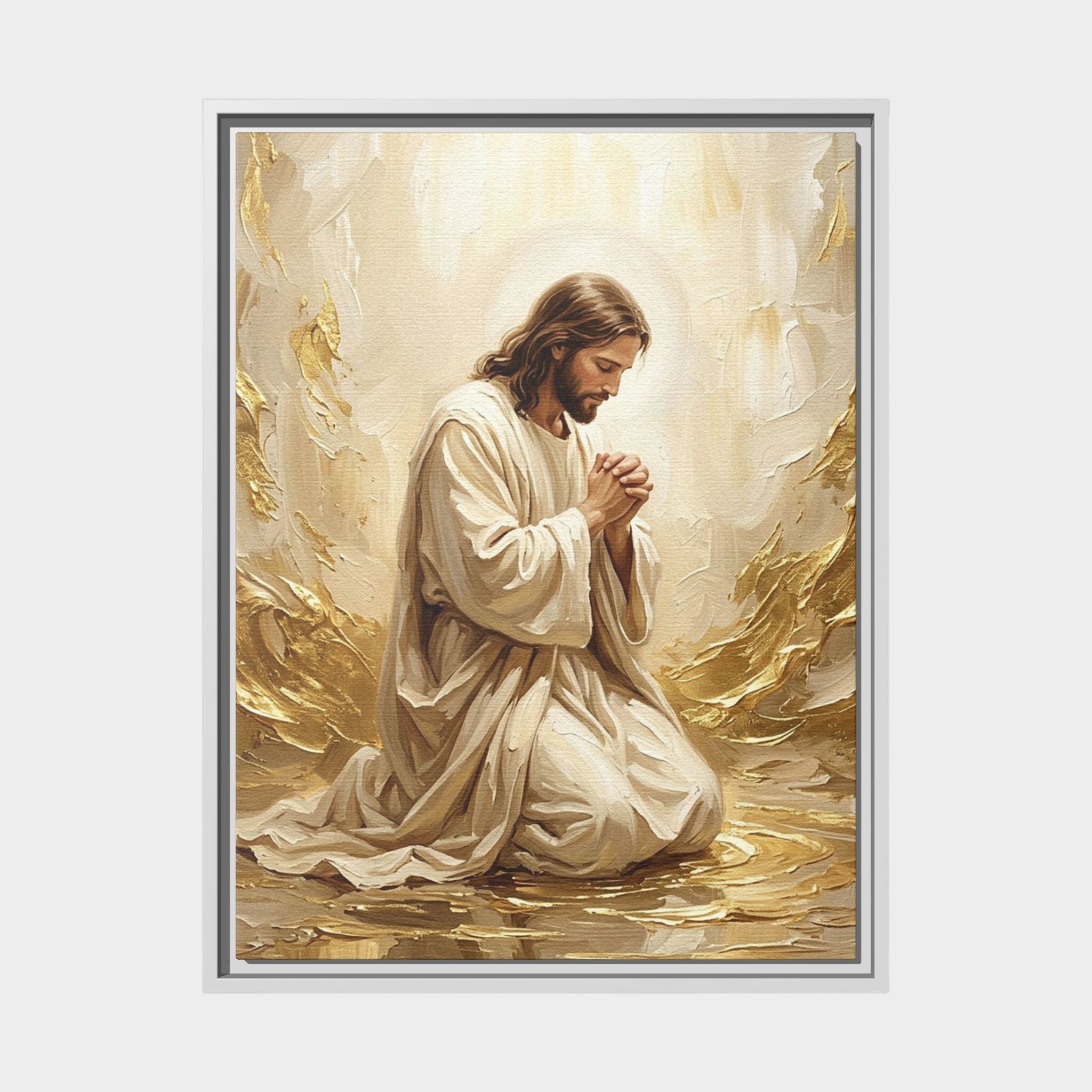 In His Presence — Jesus Kneeling in Prayer | Gold & White Oil Print Matte Framed Canvas Main image