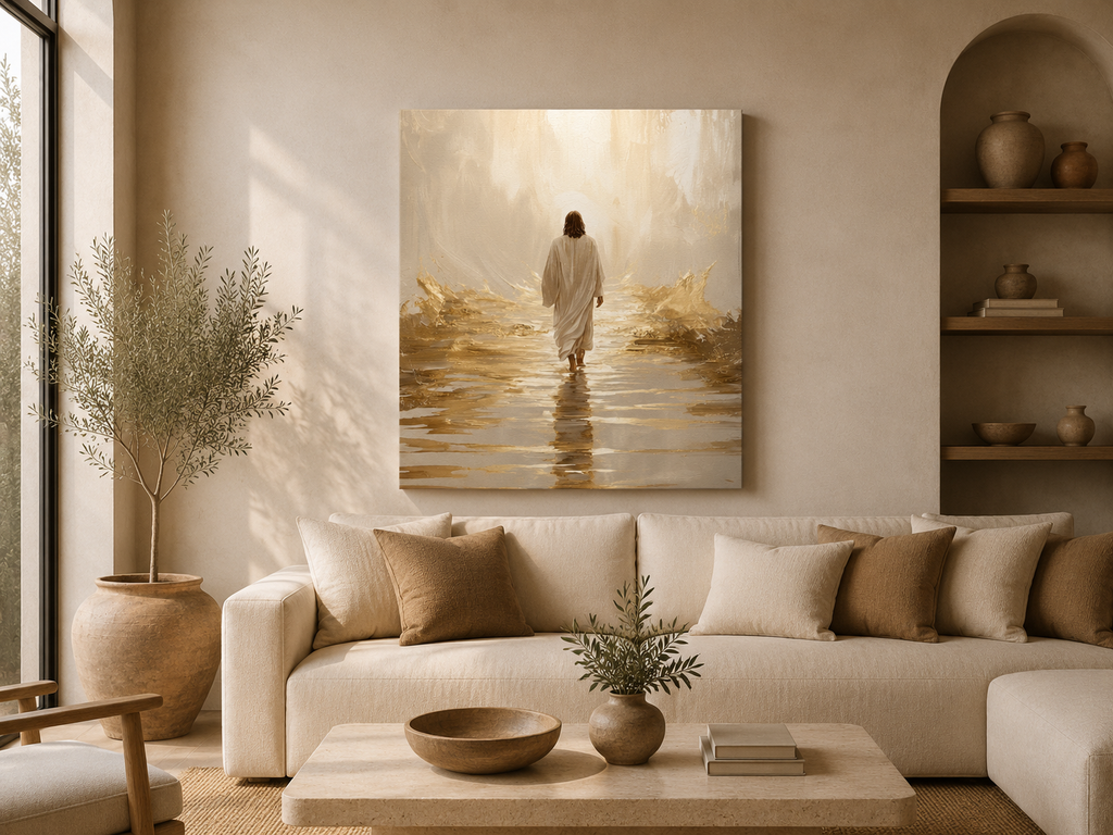 Walking Into the Light — Jesus on the Water  Gold & White Oil Print Matte Canvas, Stretched