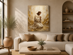 In His Presence — Jesus Kneeling in Prayer | Gold & White Oil Print Digital Print
